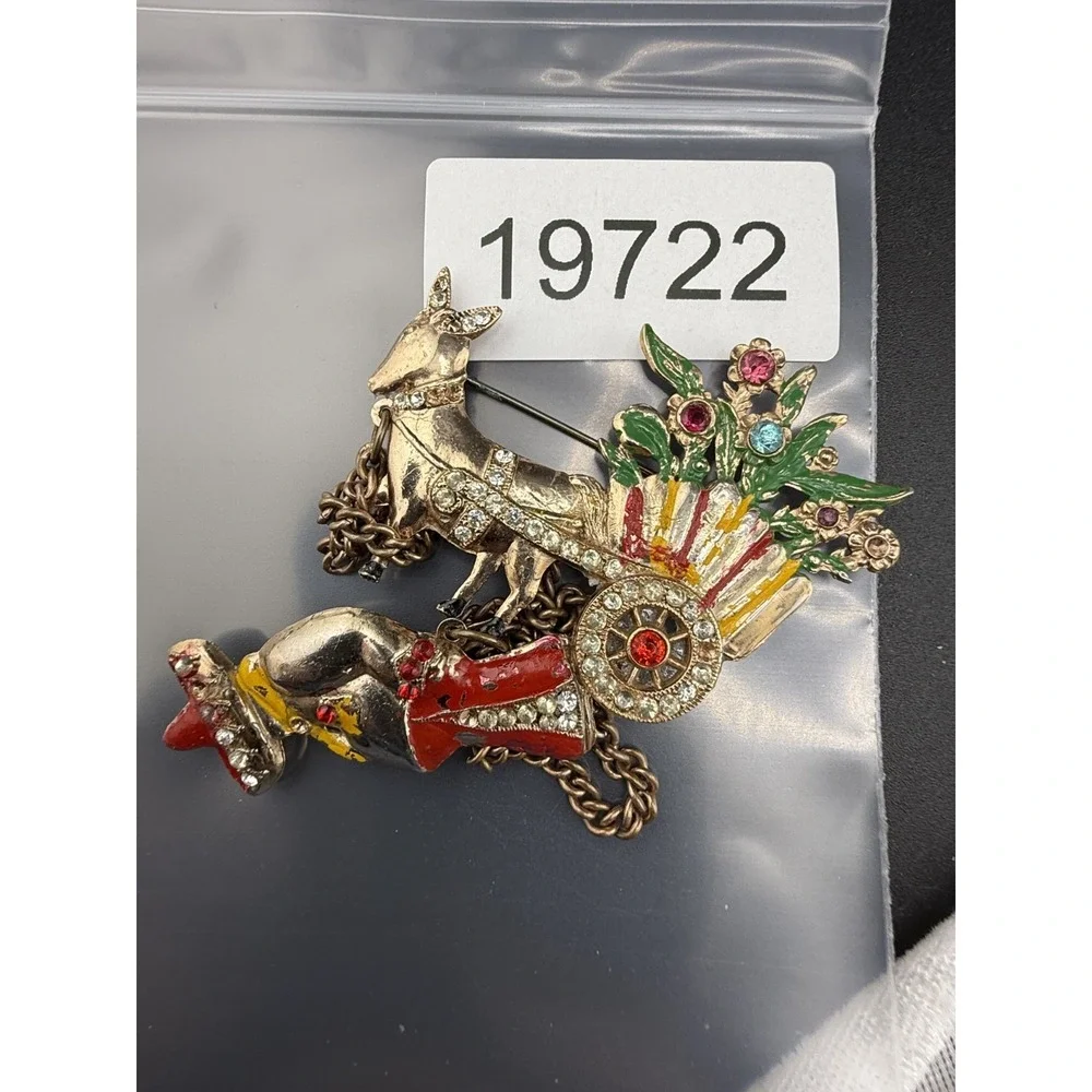Vintage Chatelaine Style Brooch Figural Enamel Mexican Flower Gold Tone READ‎